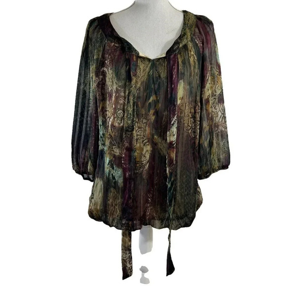 Dressbarn Multicolor Bubble Hem Paisley Earth Tones Blouse Neck Tie Size Large - Picture 1 of 8